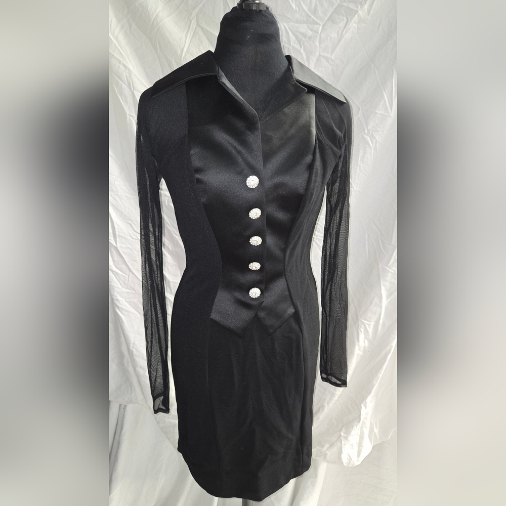 Elegant Black Tuxedo Covktail Dress with Sheer Sleeves